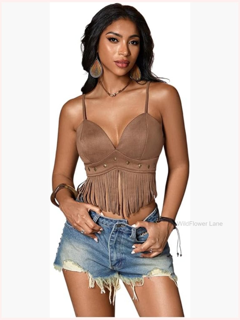 Sleeveless Fringe Crop Top Spaghetti Strap Boho Hippie Cami